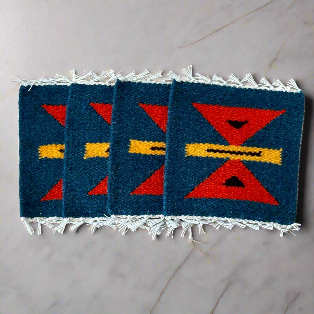 4 pack of artisanal wool coasters with natural dyes, handcrafted by Peruvian artisans.