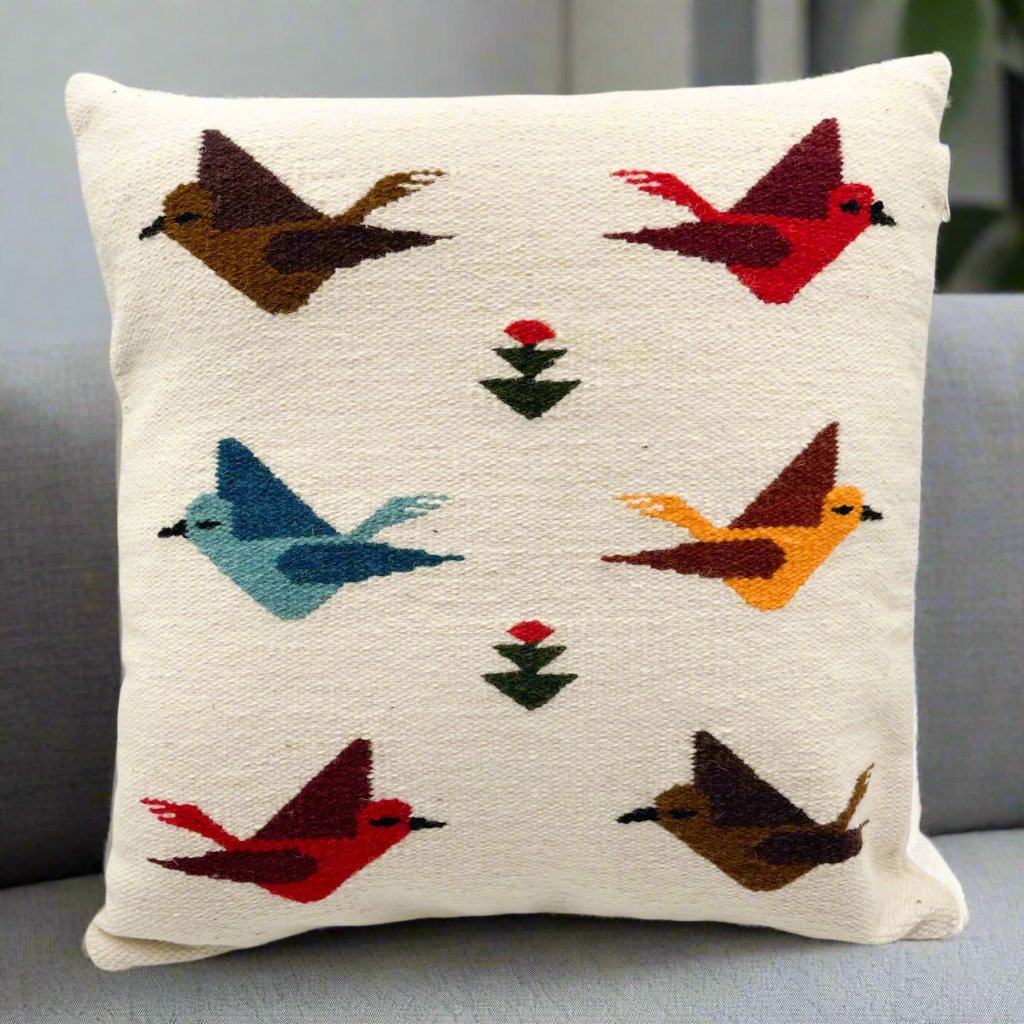 Peruvian Handmade Cushion cover with colorful birds handcrafted with sheep's wool and natural dyes.