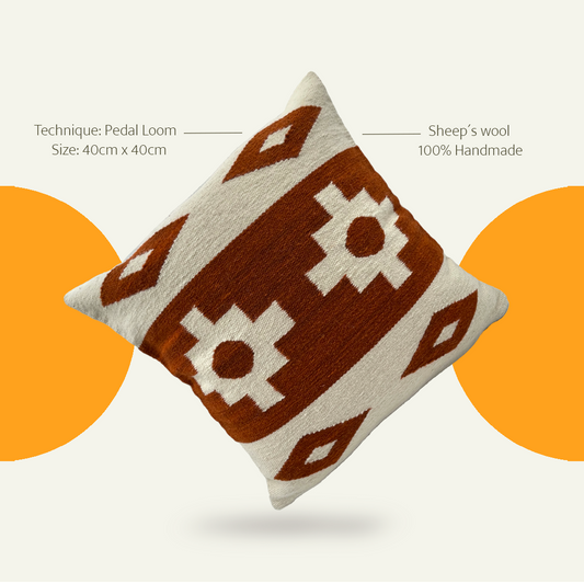 Earthy brown and natural handwoven cushion cover using eco-friendly Peruvian wool and plant-based dyes