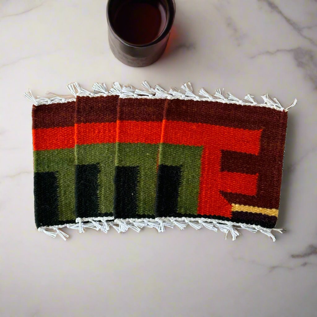 Set of Peruvian artisanal coasters, woven from eco-friendly wool and dyed with natural pigments