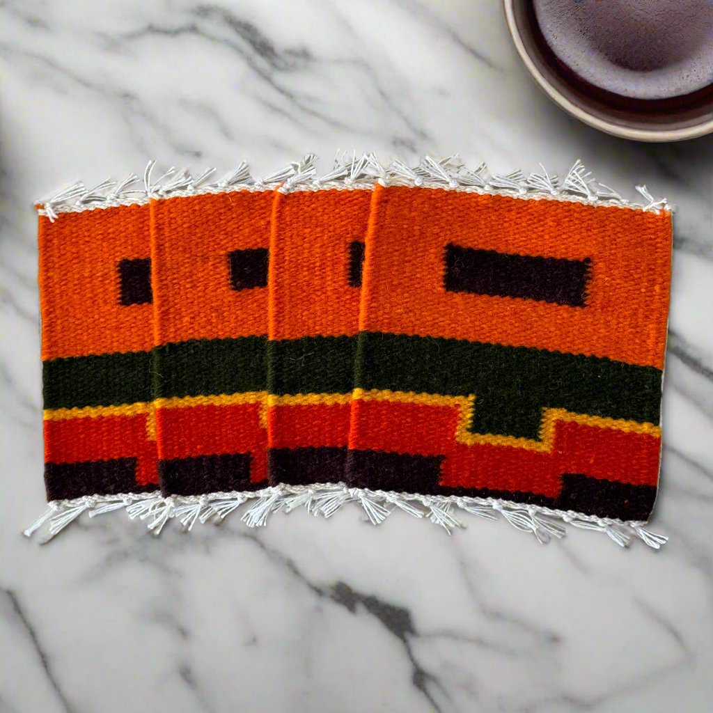 Stunning set of eco-friendly wool coasters featuring traditional Peruvian weaving techniques with natural dyes.