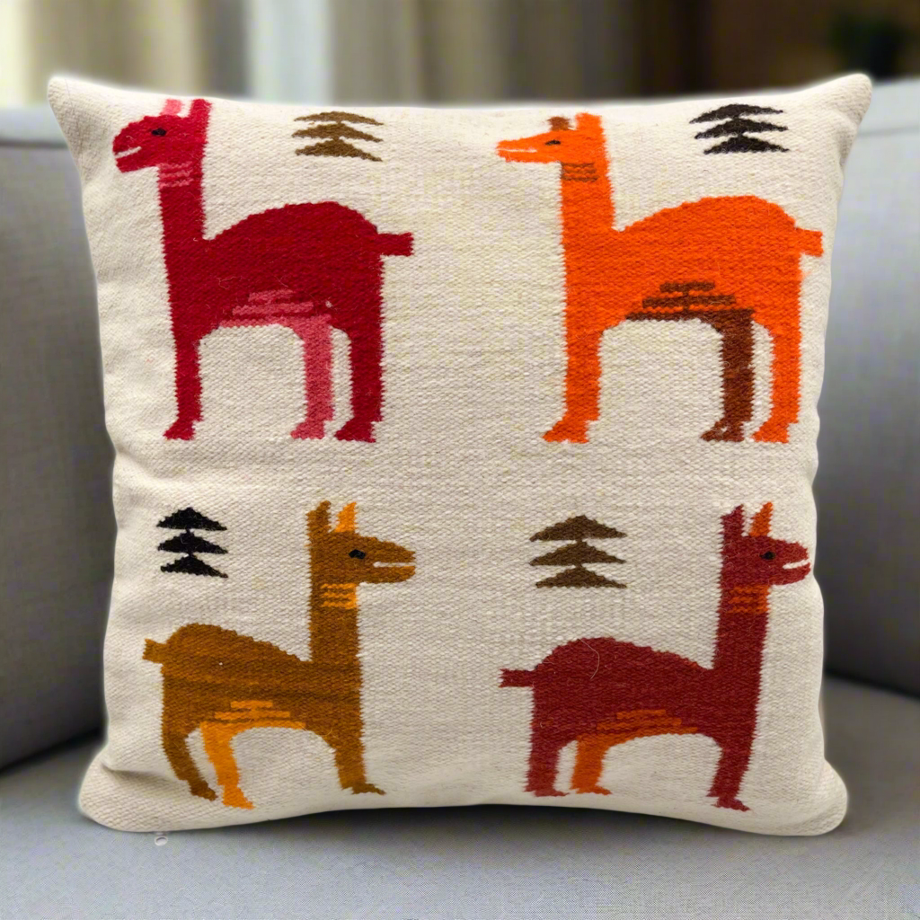 Decorative cushion cover with handwoven llamas, crafted with natural wool and natural dyes